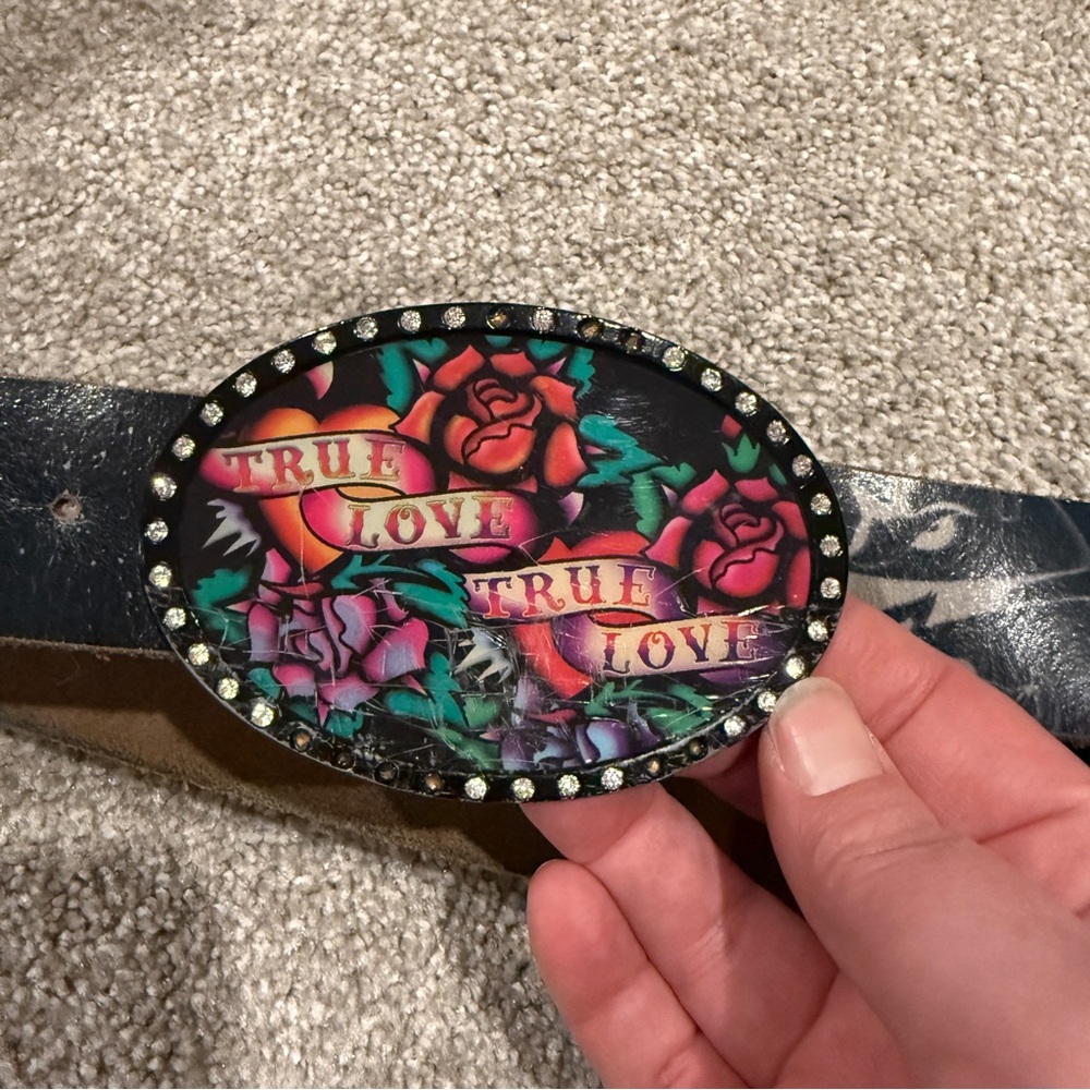 Ed Hardy Nordstrom Leather Belt & Buckle Y2K True Love Vintage Rhinestones L